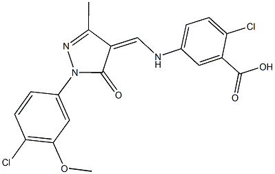 2-chloro-5-({[1-(4-chloro-3-methoxyphenyl)-3-methyl-5-oxo-1,5-dihydro-4H-pyrazol-4-ylidene]methyl}amino)benzoic acid 结构式