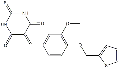 5-[3-methoxy-4-(2-thienylmethoxy)benzylidene]-2-thioxodihydro-4,6(1H,5H)-pyrimidinedione 结构式