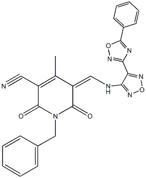 1-benzyl-4-methyl-2,6-dioxo-5-({[4-(5-phenyl-1,2,4-oxadiazol-3-yl)-1,2,5-oxadiazol-3-yl]amino}methylene)-1,2,5,6-tetrahydro-3-pyridinecarbonitrile 结构式