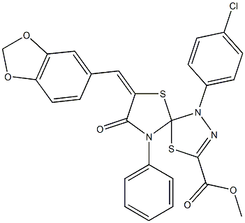 methyl 7-(1,3-benzodioxol-5-ylmethylene)-1-(4-chlorophenyl)-8-oxo-9-phenyl-4,6-dithia-1,2,9-triazaspiro[4.4]non-2-ene-3-carboxylate 结构式