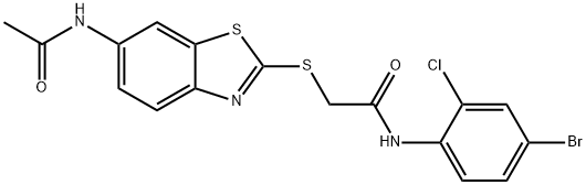 2-{[6-(acetylamino)-1,3-benzothiazol-2-yl]sulfanyl}-N-(4-bromo-2-chlorophenyl)acetamide 结构式