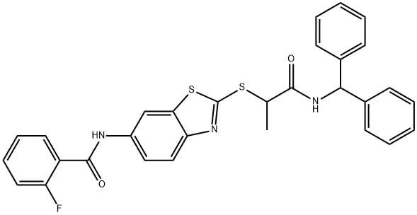N-(2-{[2-(benzhydrylamino)-1-methyl-2-oxoethyl]sulfanyl}-1,3-benzothiazol-6-yl)-2-fluorobenzamide 结构式