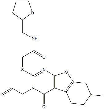 2-[(3-allyl-7-methyl-4-oxo-3,4,5,6,7,8-hexahydro[1]benzothieno[2,3-d]pyrimidin-2-yl)sulfanyl]-N-(tetrahydro-2-furanylmethyl)acetamide 结构式