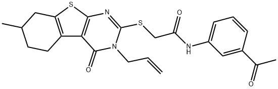 N-(3-acetylphenyl)-2-[(3-allyl-7-methyl-4-oxo-3,4,5,6,7,8-hexahydro[1]benzothieno[2,3-d]pyrimidin-2-yl)sulfanyl]acetamide 结构式