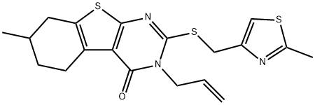 3-allyl-7-methyl-2-{[(2-methyl-1,3-thiazol-4-yl)methyl]sulfanyl}-5,6,7,8-tetrahydro[1]benzothieno[2,3-d]pyrimidin-4(3H)-one 结构式