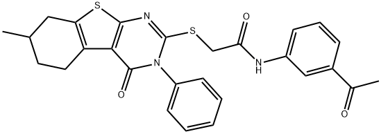 N-(3-acetylphenyl)-2-[(7-methyl-4-oxo-3-phenyl-3,4,5,6,7,8-hexahydro[1]benzothieno[2,3-d]pyrimidin-2-yl)sulfanyl]acetamide 结构式
