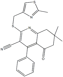 7,7-dimethyl-2-{[(2-methyl-1,3-thiazol-4-yl)methyl]sulfanyl}-5-oxo-4-phenyl-5,6,7,8-tetrahydro-3-quinolinecarbonitrile 结构式
