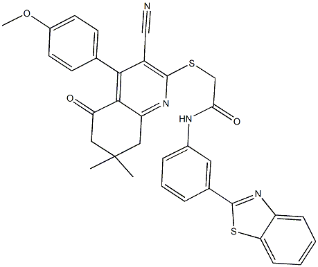 N-[3-(1,3-benzothiazol-2-yl)phenyl]-2-{[3-cyano-4-(4-methoxyphenyl)-7,7-dimethyl-5-oxo-5,6,7,8-tetrahydro-2-quinolinyl]sulfanyl}acetamide 结构式