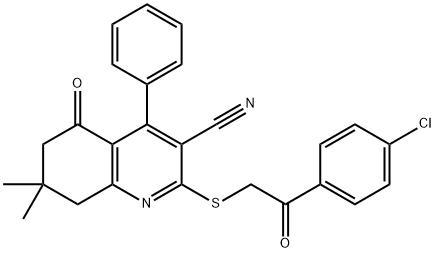 2-{[2-(4-chlorophenyl)-2-oxoethyl]sulfanyl}-7,7-dimethyl-5-oxo-4-phenyl-5,6,7,8-tetrahydro-3-quinolinecarbonitrile 结构式