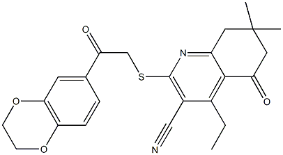 2-{[2-(2,3-dihydro-1,4-benzodioxin-6-yl)-2-oxoethyl]sulfanyl}-4-ethyl-7,7-dimethyl-5-oxo-5,6,7,8-tetrahydro-3-quinolinecarbonitrile 结构式