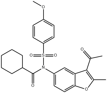 N-(3-acetyl-2-methyl-1-benzofuran-5-yl)-N-(cyclohexylcarbonyl)-4-methoxybenzenesulfonamide 结构式