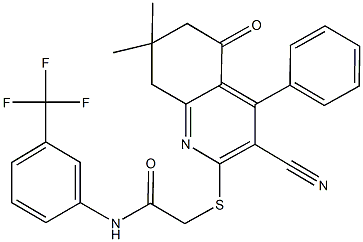 2-[(3-cyano-7,7-dimethyl-5-oxo-4-phenyl-5,6,7,8-tetrahydro-2-quinolinyl)sulfanyl]-N-[3-(trifluoromethyl)phenyl]acetamide 结构式