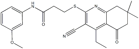 3-[(3-cyano-4-ethyl-7,7-dimethyl-5-oxo-5,6,7,8-tetrahydro-2-quinolinyl)sulfanyl]-N-(3-methoxyphenyl)propanamide 结构式