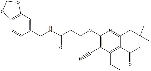 N-(1,3-benzodioxol-5-ylmethyl)-3-[(3-cyano-4-ethyl-7,7-dimethyl-5-oxo-5,6,7,8-tetrahydro-2-quinolinyl)sulfanyl]propanamide 结构式