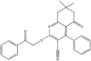 7,7-dimethyl-5-oxo-2-[(2-oxo-2-phenylethyl)sulfanyl]-4-phenyl-5,6,7,8-tetrahydro-3-quinolinecarbonitrile 结构式