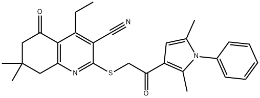 2-{[2-(2,5-dimethyl-1-phenyl-1H-pyrrol-3-yl)-2-oxoethyl]sulfanyl}-4-ethyl-7,7-dimethyl-5-oxo-5,6,7,8-tetrahydro-3-quinolinecarbonitrile 结构式