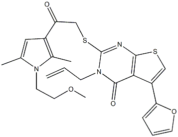 3-allyl-5-(2-furyl)-2-({2-[1-(2-methoxyethyl)-2,5-dimethyl-1H-pyrrol-3-yl]-2-oxoethyl}sulfanyl)thieno[2,3-d]pyrimidin-4(3H)-one 结构式
