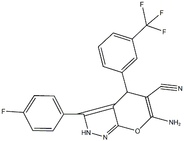 6-amino-3-(4-fluorophenyl)-4-[3-(trifluoromethyl)phenyl]-2,4-dihydropyrano[2,3-c]pyrazole-5-carbonitrile 结构式