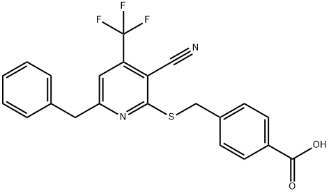 4-({[6-benzyl-3-cyano-4-(trifluoromethyl)-2-pyridinyl]sulfanyl}methyl)benzoic acid 结构式