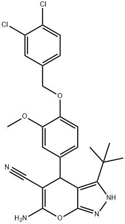 6-amino-3-tert-butyl-4-{4-[(3,4-dichlorobenzyl)oxy]-3-methoxyphenyl}-2,4-dihydropyrano[2,3-c]pyrazole-5-carbonitrile 结构式