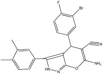6-amino-4-(3-bromo-4-fluorophenyl)-3-(3,4-dimethylphenyl)-2,4-dihydropyrano[2,3-c]pyrazole-5-carbonitrile 结构式