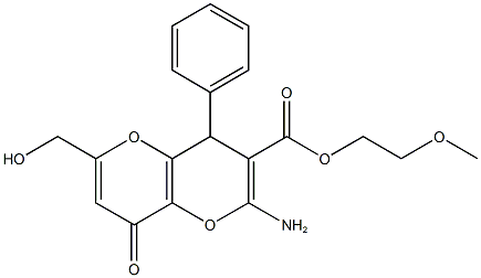 2-methoxyethyl 2-amino-6-(hydroxymethyl)-8-oxo-4-phenyl-4,8-dihydropyrano[3,2-b]pyran-3-carboxylate 结构式