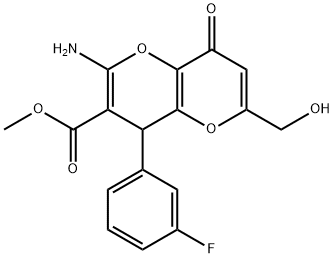 methyl 2-amino-4-(3-fluorophenyl)-6-(hydroxymethyl)-8-oxo-4,8-dihydropyrano[3,2-b]pyran-3-carboxylate 结构式
