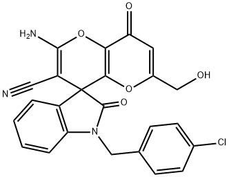 2'-amino-1-(4-chlorobenzyl)-6'-(hydroxymethyl)-1,3,4',8'-tetrahydro-2,8'-dioxospiro(2H-indole-3,4'-pyrano[3,2-b]pyran)-3'-carbonitrile 结构式