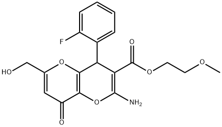 2-methoxyethyl 2-amino-4-(2-fluorophenyl)-6-(hydroxymethyl)-8-oxo-4,8-dihydropyrano[3,2-b]pyran-3-carboxylate 结构式