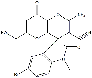2'-amino-5-bromo-6'-(hydroxymethyl)-1-methyl-1,3,4',8'-tetrahydro-2,8'-dioxospiro(2H-indole-3,4'-pyrano[3,2-b]pyran)-3'-carbonitrile 结构式