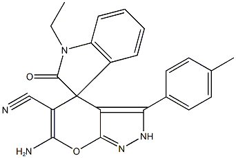 6'-amino-5'-cyano-3'-(4-methylphenyl)-1-ethyl-1,2',3,4'-tetrahydrospiro(2H-indole-3,4'-pyrano[2,3-c]pyrazole)-2-one 结构式