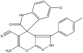 6'-amino-5'-cyano-6-chloro-3'-(4-methylphenyl)-1,2',3,4'-tetrahydrospiro(2H-indole-3,4'-pyrano[2,3-c]pyrazole)-2-one 结构式