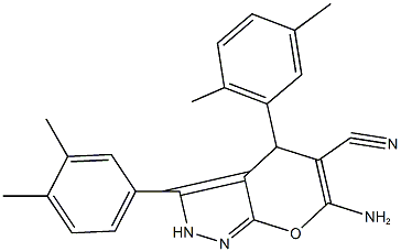 6-amino-4-(2,5-dimethylphenyl)-3-(3,4-dimethylphenyl)-2,4-dihydropyrano[2,3-c]pyrazole-5-carbonitrile 结构式