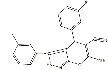 6-amino-3-(3,4-dimethylphenyl)-4-(3-fluorophenyl)-2,4-dihydropyrano[2,3-c]pyrazole-5-carbonitrile 结构式