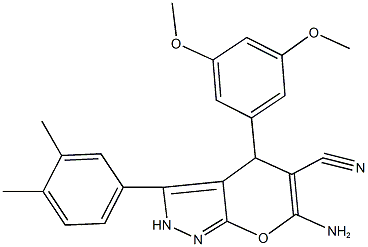 6-amino-4-(3,5-dimethoxyphenyl)-3-(3,4-dimethylphenyl)-2,4-dihydropyrano[2,3-c]pyrazole-5-carbonitrile 结构式