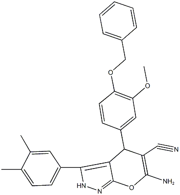 6-amino-4-[4-(benzyloxy)-3-methoxyphenyl]-3-(3,4-dimethylphenyl)-2,4-dihydropyrano[2,3-c]pyrazole-5-carbonitrile 结构式