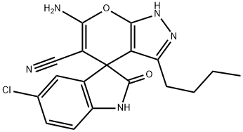 6'-amino-3'-butyl-5-chloro-1,1',3,4'-tetrahydro-2-oxospiro(2H-indole-3,4'-pyrano[2,3-c]pyrazole)-5'-carbonitrile 结构式