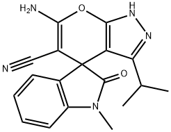 6'-amino-3'-isopropyl-1-methyl-1,2',3,4'-tetrahydro-2-oxospiro(2H-indole-3,4'-pyrano[2,3-c]pyrazole)-5'-carbonitrile 结构式