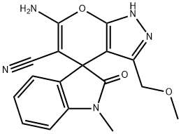 6'-amino-1-methyl-3'-(methoxymethyl)-1,2',3,4'-tetrahydro-2-oxospiro(2H-indole-3,4'-pyrano[2,3-c]pyrazole)-5'-carbonitrile 结构式