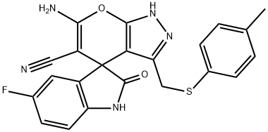 6'-amino-5-fluoro-3'-{[(4-methylphenyl)sulfanyl]methyl}-1,1',3,4'-tetrahydro-2-oxospiro(2H-indole-3,4'-pyrano[2,3-c]pyrazole)-5'-carbonitrile 结构式