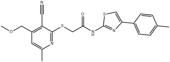 2-{[3-cyano-4-(methoxymethyl)-6-methyl-2-pyridinyl]sulfanyl}-N-[4-(4-methylphenyl)-1,3-thiazol-2-yl]acetamide 结构式