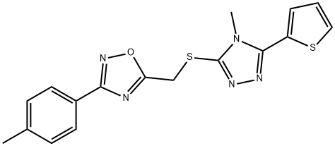 [3-(4-methylphenyl)-1,2,4-oxadiazol-5-yl]methyl 4-methyl-5-(2-thienyl)-4H-1,2,4-triazol-3-yl sulfide 结构式