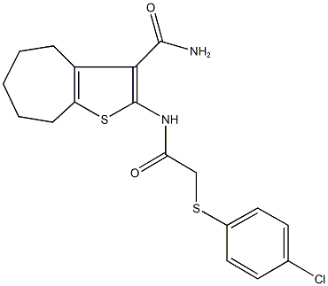 2-({[(4-chlorophenyl)sulfanyl]acetyl}amino)-5,6,7,8-tetrahydro-4H-cyclohepta[b]thiophene-3-carboxamide 结构式
