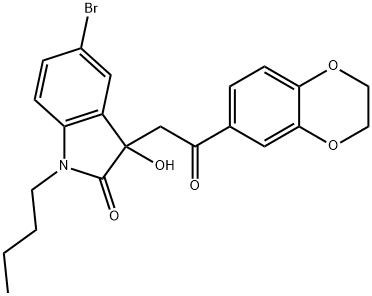 5-bromo-1-butyl-3-[2-(2,3-dihydro-1,4-benzodioxin-6-yl)-2-oxoethyl]-3-hydroxy-1,3-dihydro-2H-indol-2-one 结构式