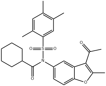N-(3-acetyl-2-methyl-1-benzofuran-5-yl)-N-(cyclohexylcarbonyl)-2,4,5-trimethylbenzenesulfonamide 结构式