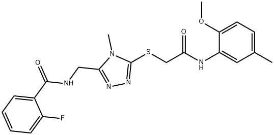 2-fluoro-N-[(5-{[2-(2-methoxy-5-methylanilino)-2-oxoethyl]sulfanyl}-4-methyl-4H-1,2,4-triazol-3-yl)methyl]benzamide 结构式