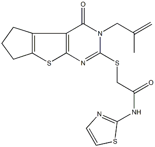 2-{[3-(2-methyl-2-propenyl)-4-oxo-3,5,6,7-tetrahydro-4H-cyclopenta[4,5]thieno[2,3-d]pyrimidin-2-yl]thio}-N-(1,3-thiazol-2-yl)acetamide 结构式