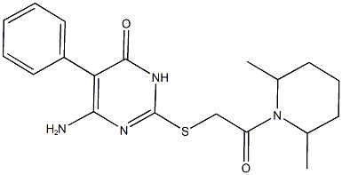 6-amino-2-{[2-(2,6-dimethyl-1-piperidinyl)-2-oxoethyl]sulfanyl}-5-phenyl-4(3H)-pyrimidinone 结构式