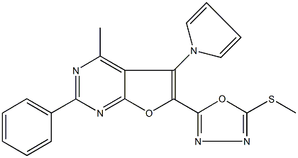 methyl 5-[4-methyl-2-phenyl-5-(1H-pyrrol-1-yl)furo[2,3-d]pyrimidin-6-yl]-1,3,4-oxadiazol-2-yl sulfide 结构式