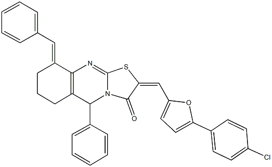 9-benzylidene-2-{[5-(4-chlorophenyl)-2-furyl]methylene}-5-phenyl-6,7,8,9-tetrahydro-5H-[1,3]thiazolo[2,3-b]quinazolin-3(2H)-one 结构式